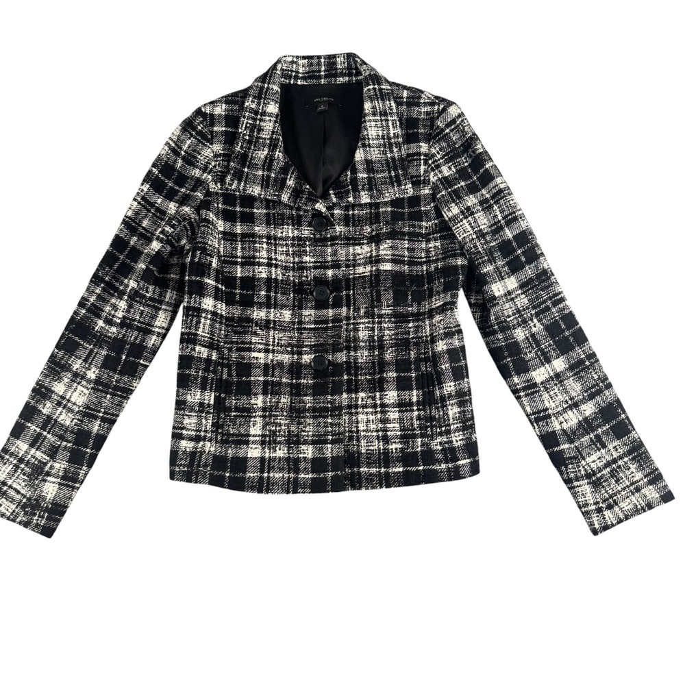 Ann‎ Taylor Black White Plaid Button Front Blazer Jacket Womens Size 6 Tweed